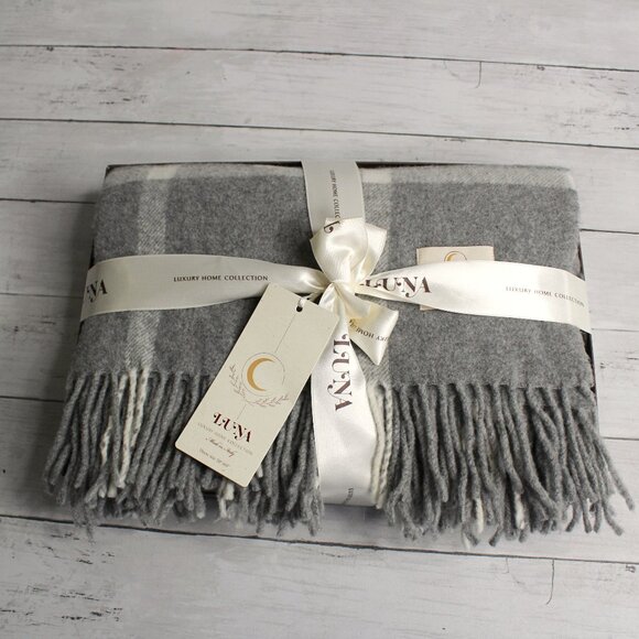 Luna Cashmere Wool Plaid Throw Blanket Made in Italy Cream Gray